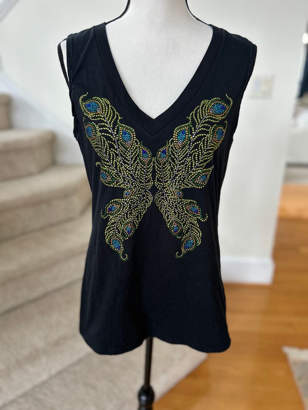 Vintage Y2K Rhinestone Bedazzled Peacock Butterfly V-neck Black Tank Top Fairy